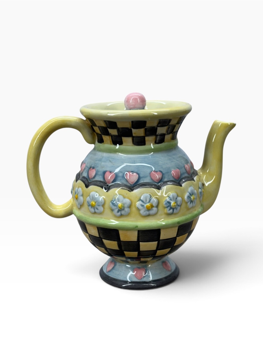 Sakura Yellow & Blue Floral Checkered Teapot with Pink Accents